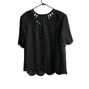 Scala Vintage Sequin Beaded Silk Blouse Blouse 2X Evening Formal Designer Dressy